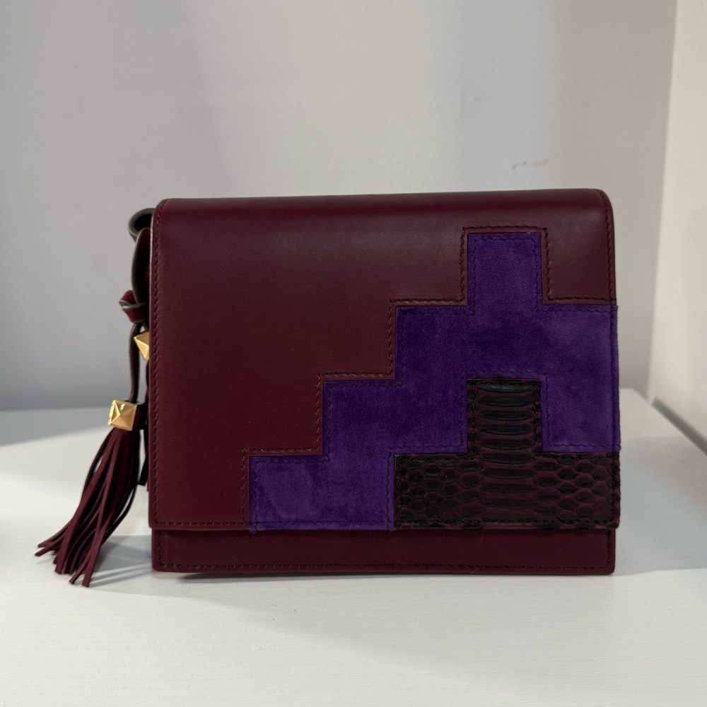Brian Atwood Burgundy/Purple Snakeskin Geometric Crossbody Clutch